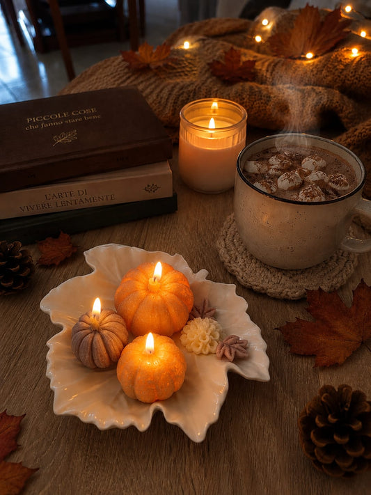 Set Candele Zucche Autunnali con Vassoio Foglia | LumiHer